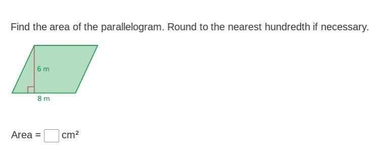 Find the area of the parallelogram. Round to the nearest hundredth if necessary.-example-1