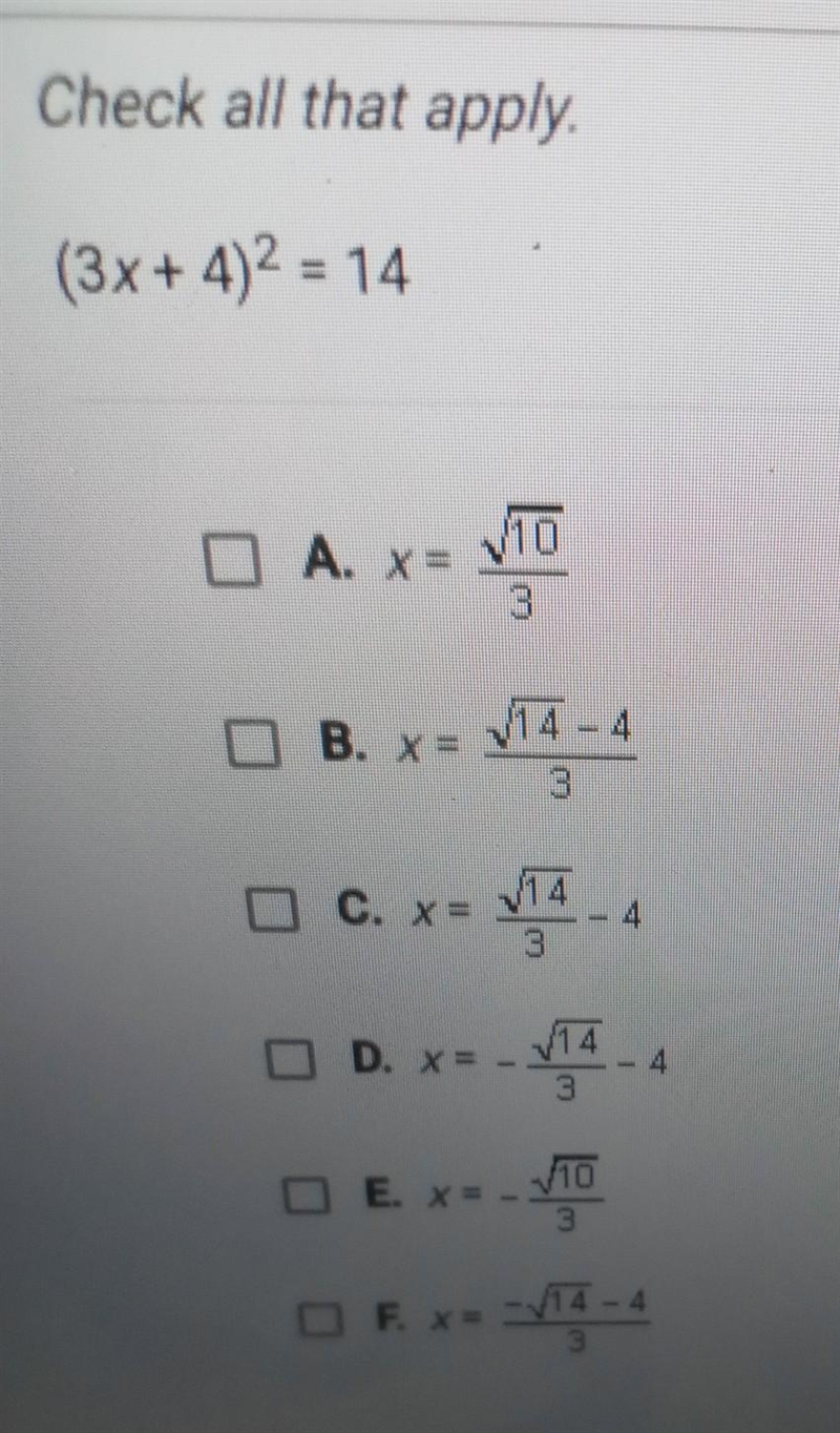 Which of the following are solutions to the equation below ​-example-1