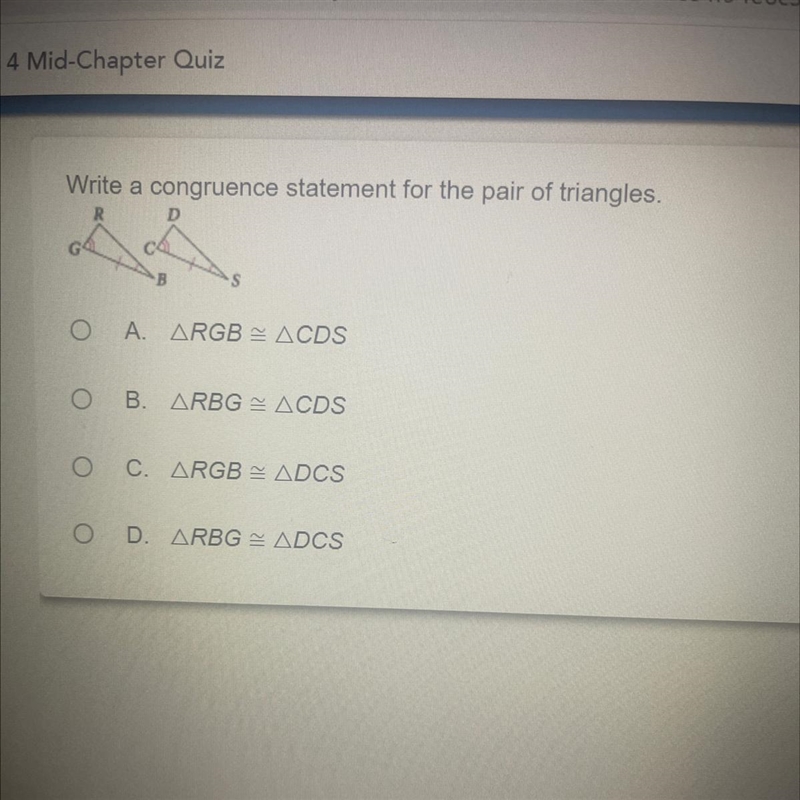 Write a congruence statement for the pair of triangles-example-1