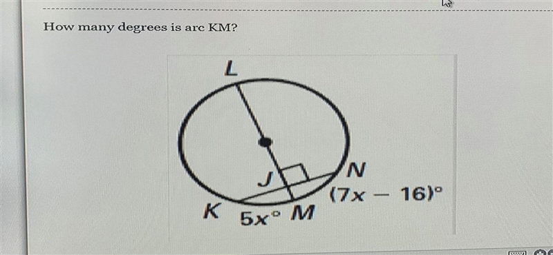 How many degrees is arc KM?-example-1