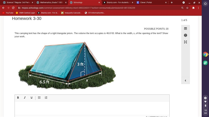 This camping tent has the shape of a right triangular prism. The volume the tent occupies-example-1