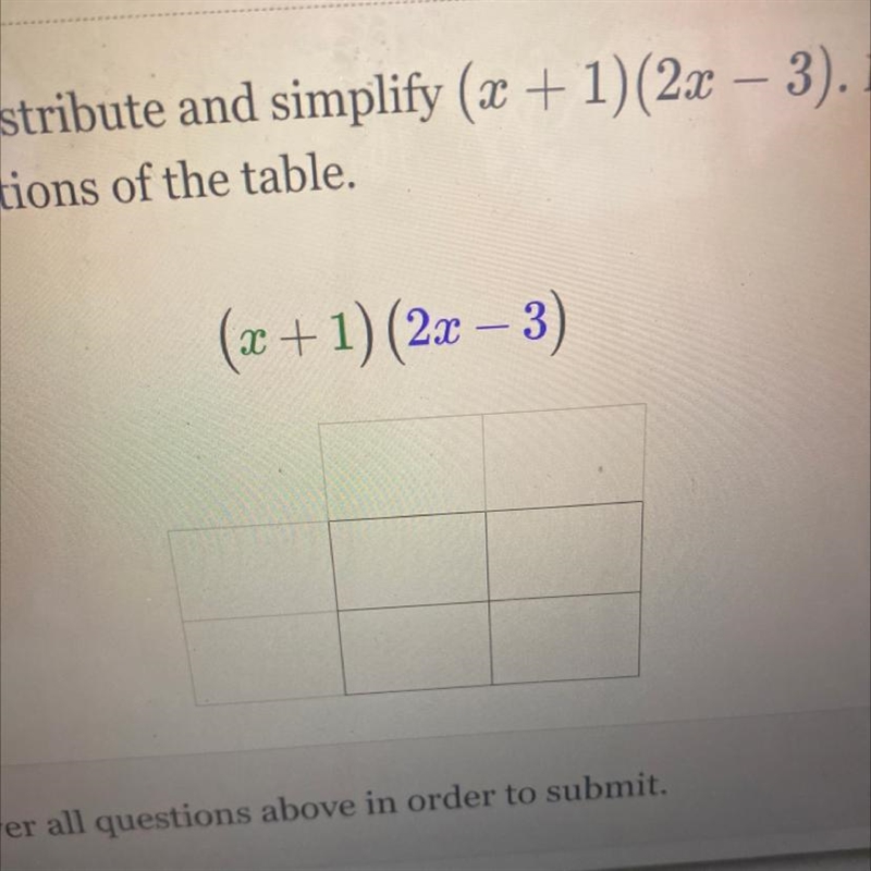 Use the box method to distribute and simplify (2 + 1)(2x - 3). Drag and drop the terms-example-1