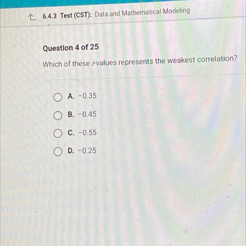 Which of these r-values represents the weakest correlation?-example-1