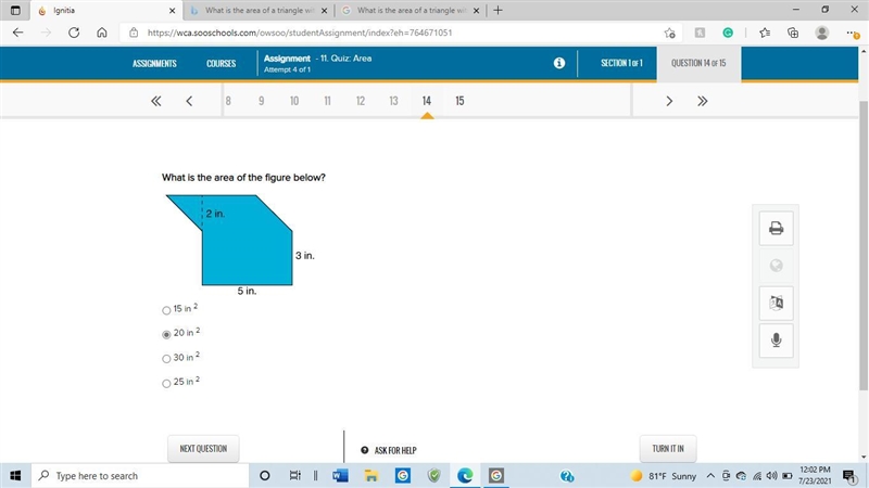 What is the area of the figure below?-example-1