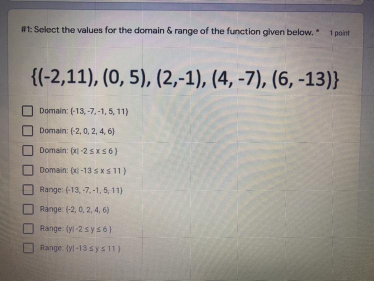 Please help!! Select the values for the domain & range of the function given below-example-1