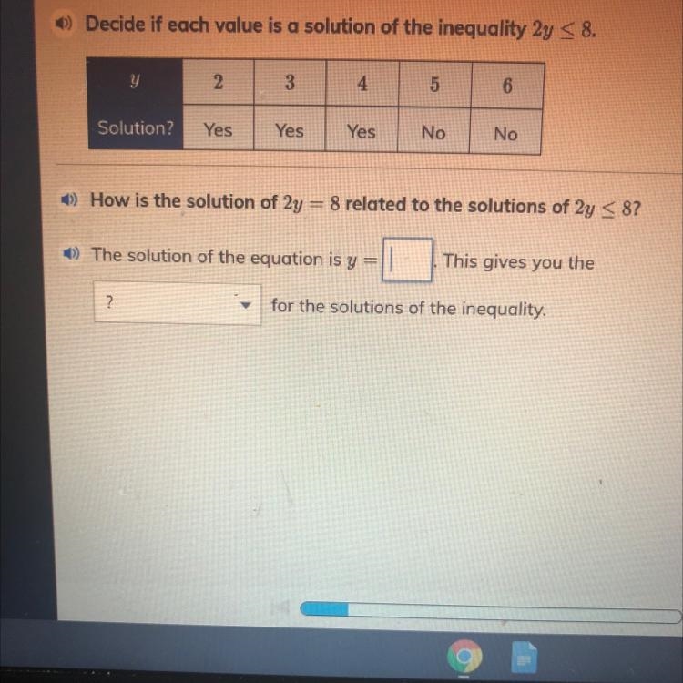 How is the solution of 2y=8 related to the solutions of 2y < 8 —-example-1