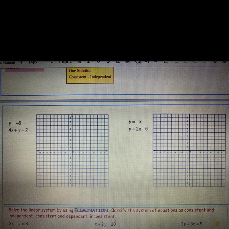 Use the graph to tell whether the linear system has one solution, no solution, or-example-1