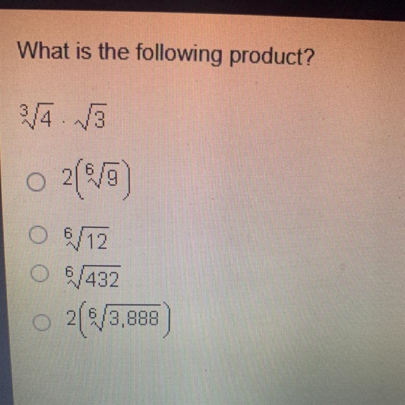 What is the following product? 3 Square root of four times square root of three￼-example-1