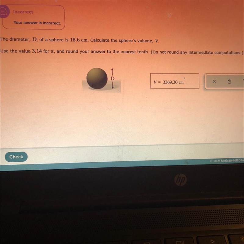 I need some help finding the volume of a sphere with a diameter of 18.6cm. The website-example-1