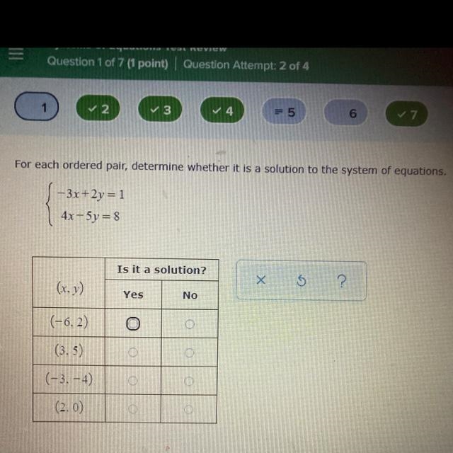 For each ordered pair, determine whether it is a solution to the system of equations-example-1