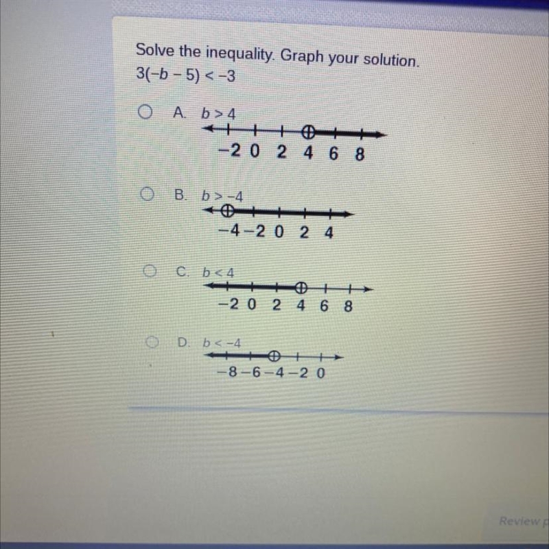 Solve the inequality. Graph the solution. 3(-b - 5) < -3-example-1