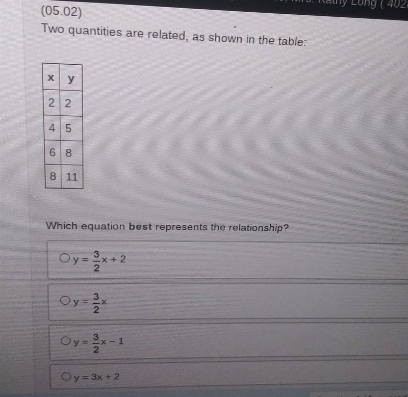 (05.02) Two quantities are related, as shown in the table y 22 4 5 6 8 8 11 Which-example-1