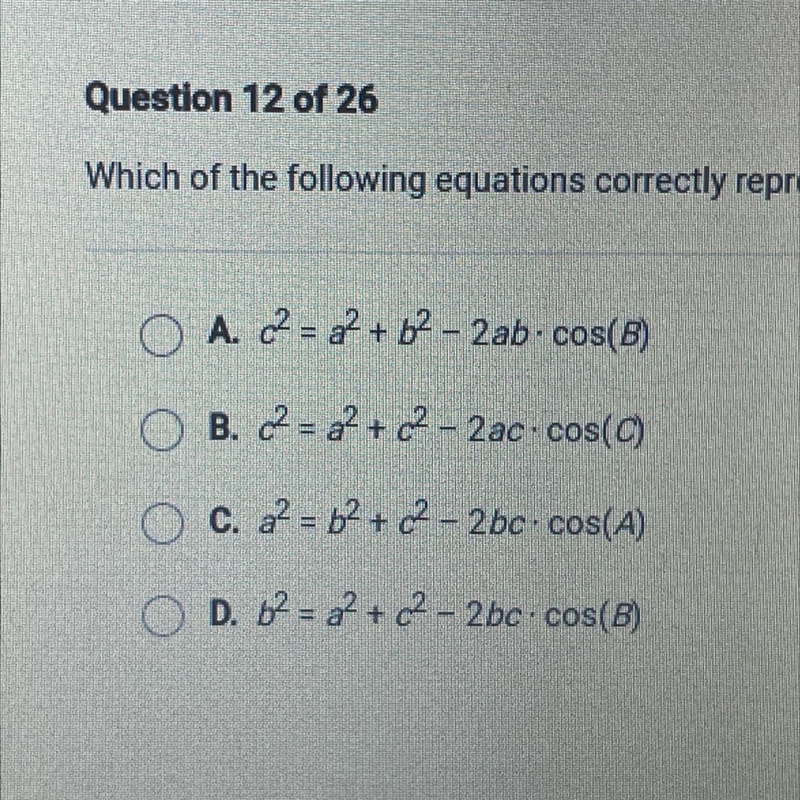 Which of the following equations correctly represents the law of cosines?-example-1