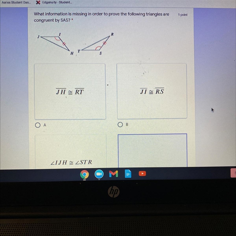 What information is missing in order to prove the following triangles are congruent-example-1