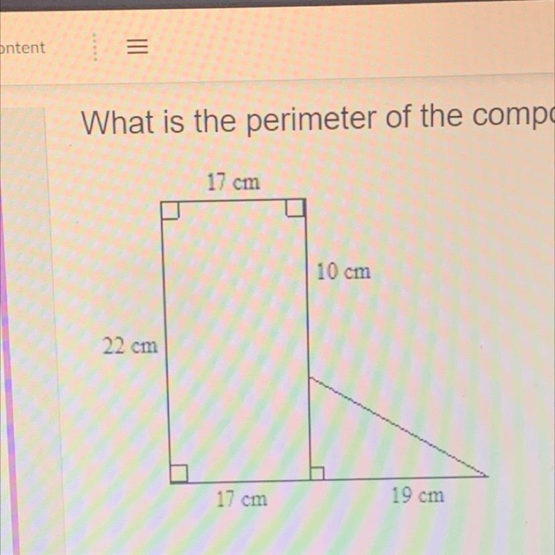 What is the perimeter of the composite figure? A. 119.5 cm B. 85 cm C. 107.5 cm D-example-1