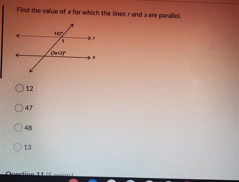 Find the value of x for which the lines r and s are parallel​-example-1