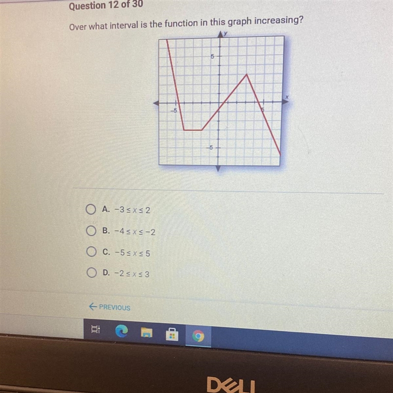 Over what interval is the function in this graph increasing? AY 5 O A. -33x2 B. -43x-example-1