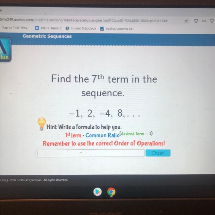 Find the 7th term in the sequence. -1, 2, -4, 8,... Hint: Write a formula to help-example-1