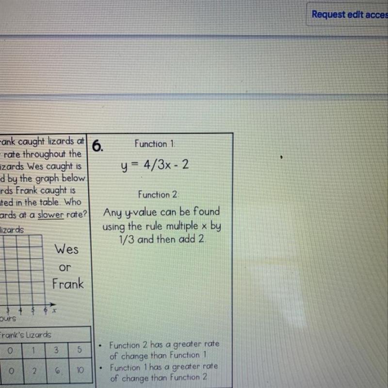 6. Function 1 y = 4/3x - 2 Function 2 Any y-value can be found using the rule multiple-example-1