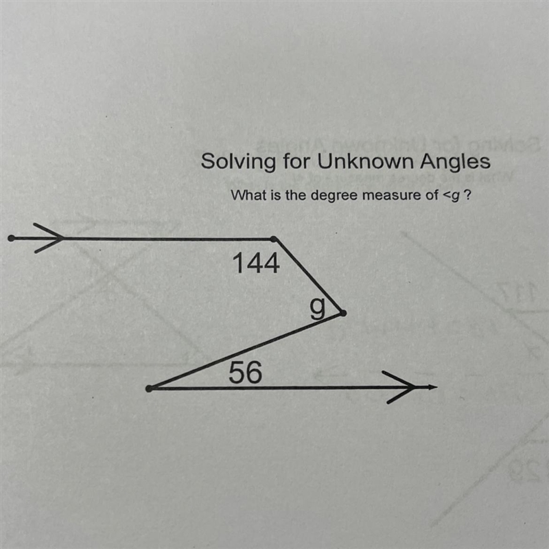 Solving for Unknown Angles What is the degree measure of 144 56-example-1