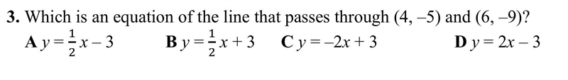 Which is an equation of the line that passes through (4, –5) and (6, –9)?-example-1