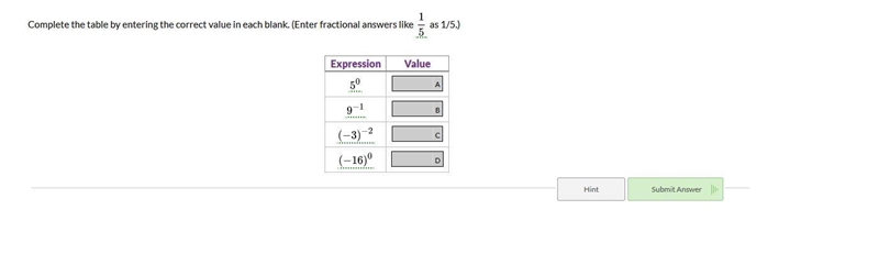 Complete the table by entering the correct value in each blank. (Enter fractional-example-1