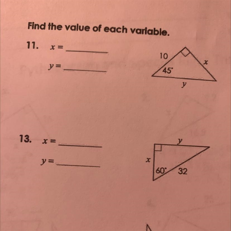 Find the value of each varlable. 11. X 10 45 у-example-1