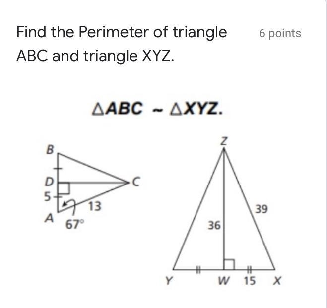 Find the Perimeter of triangle ABC and triangle XYZ.-example-1