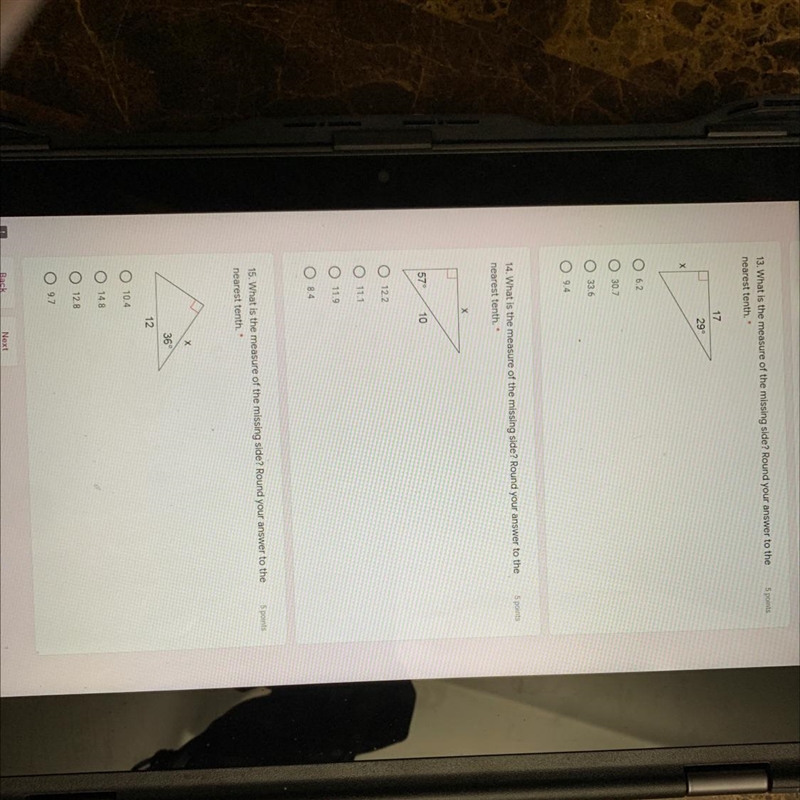 13, 14 and 15. What is the measure of the missing side? Round your answer to the nearest-example-1