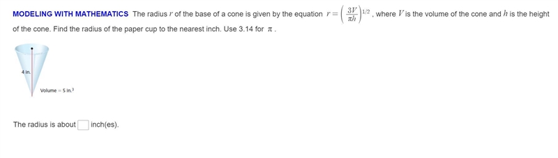 The radius r of the base of a cone is given by the equation r=(3V/piH) , where V is-example-1