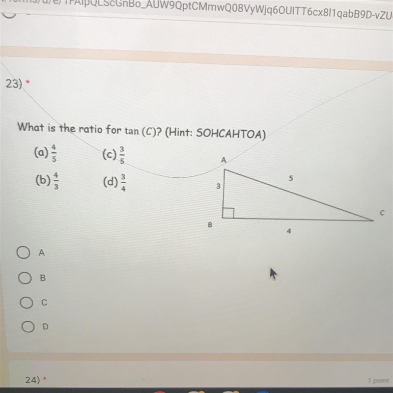 What is the ratio for tan (C)? (Hint: SOHCAHTOA)-example-1