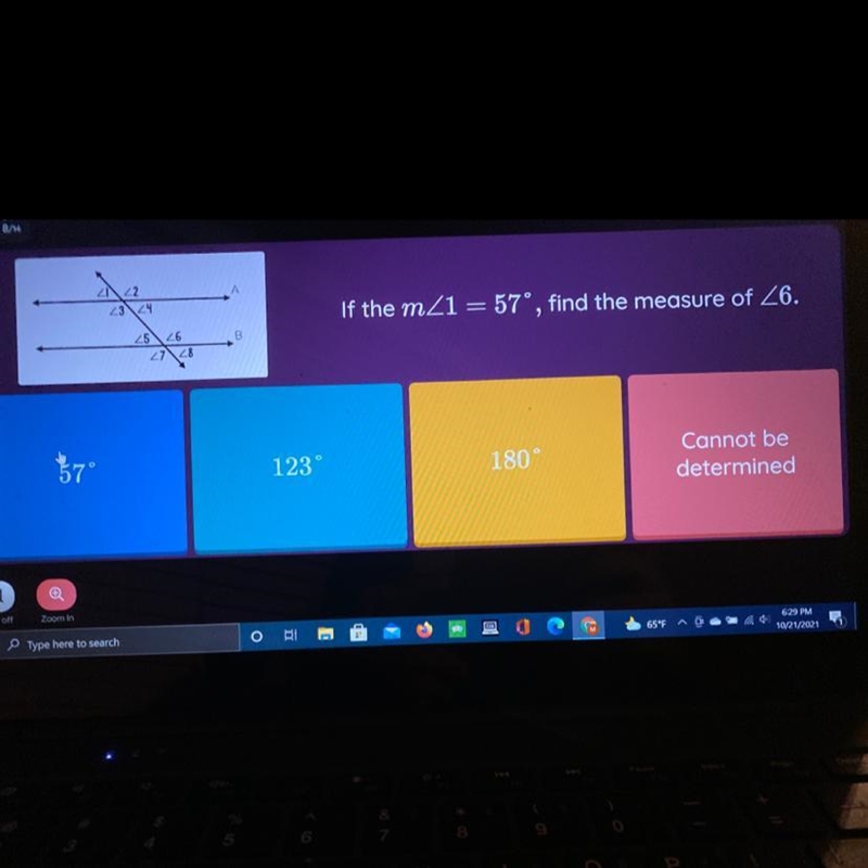 If the mZ1 = 57°, find the measure of Z6.-example-1