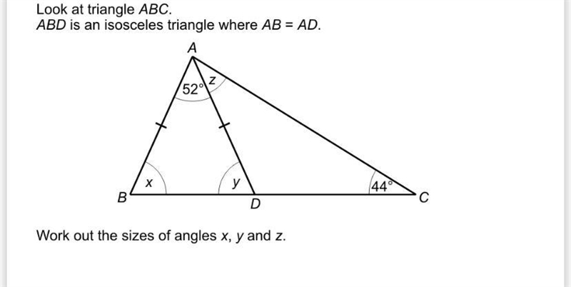 Work out the sizes of angles x,y and z-example-1