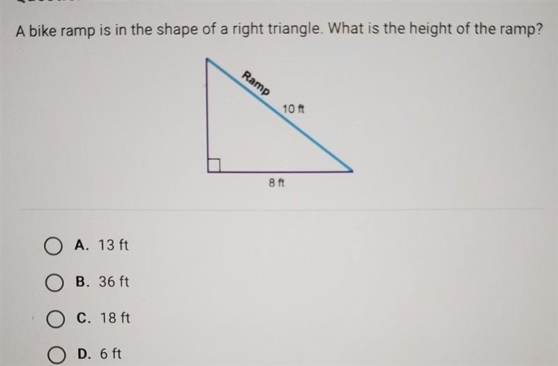 A bike ramp is in the shape of a right triangle. What is the height of the ramp? Ramp-example-1