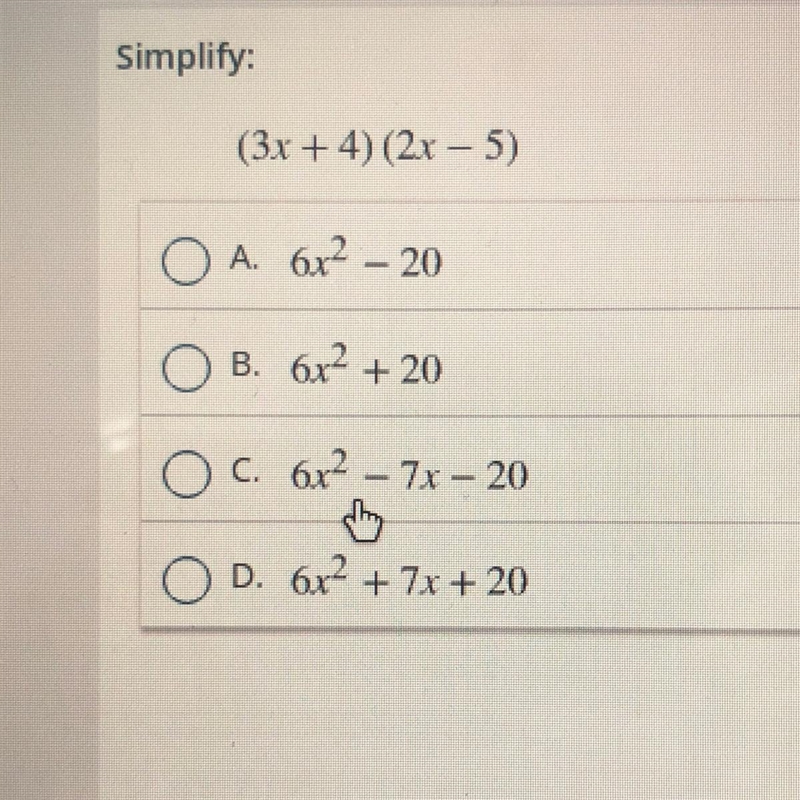 Simplify: (3x+4) (2x - 5)-example-1