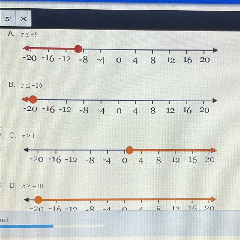 Choose the correct solution and graph for the inequality. Z/5>=-4-example-1