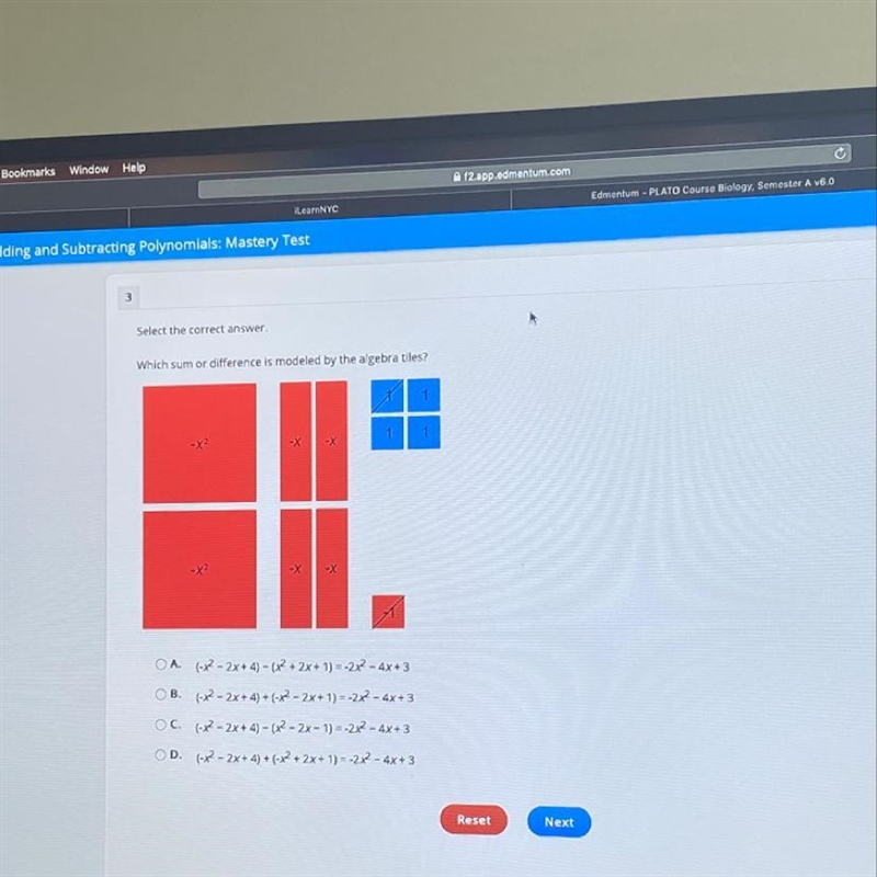 Which sum or difference is modeled by the algebra tiles￼-example-1