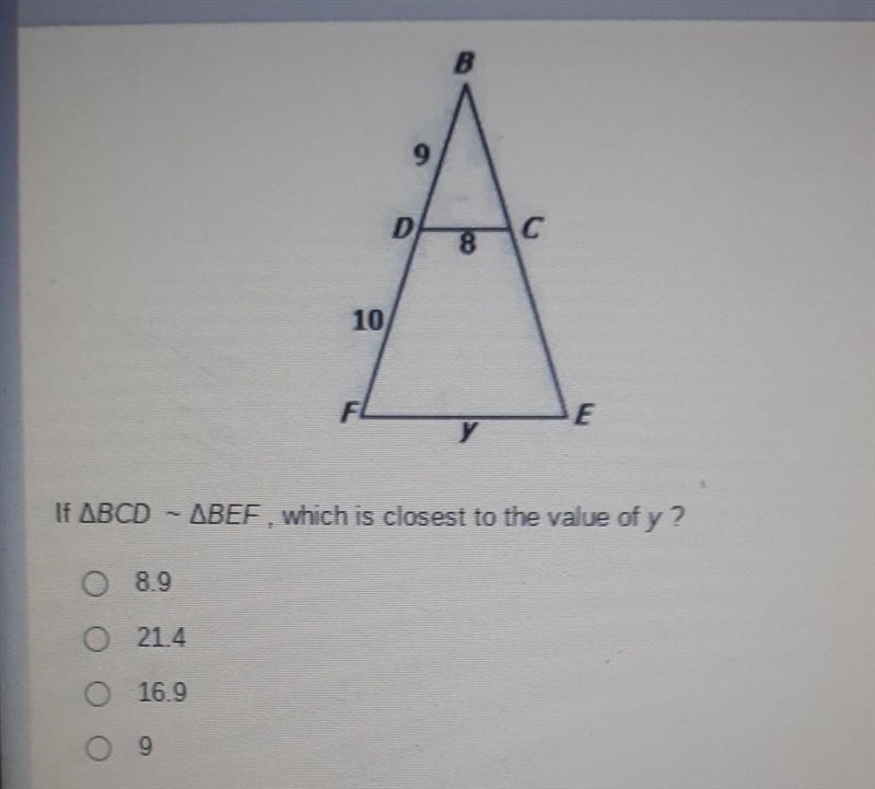 If BCD ~ BEF, which is closest to the value of y​-example-1