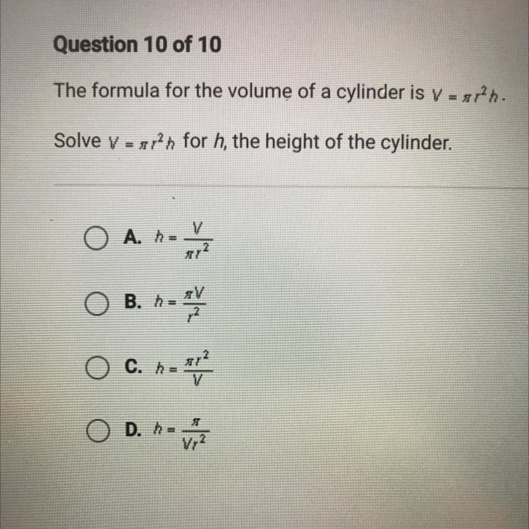 The formula for the volume of a cylinder is V = srh. Solve v = rn for h, the height-example-1