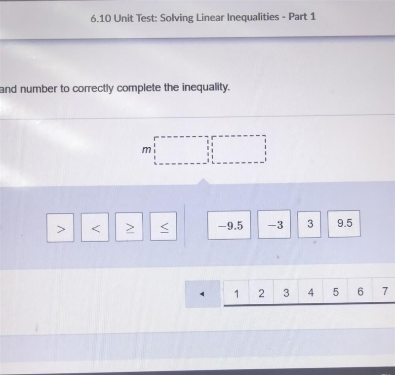 What is the solution to this inequality? -5m - 8.45 < 6.55 Drag and drop a symbol-example-1