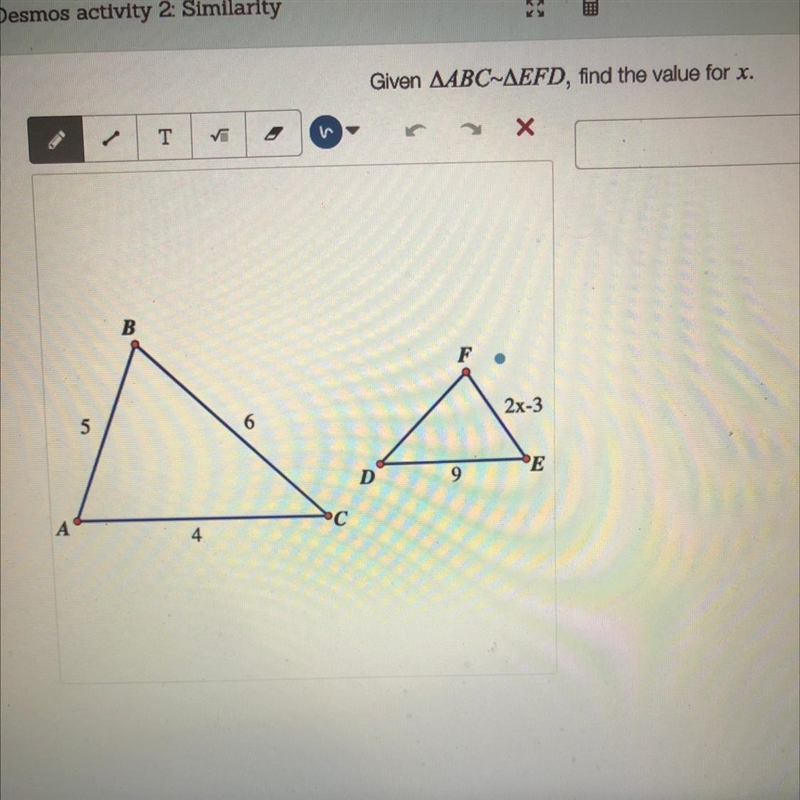 Given ^ABC~^EFD, find the value for x.-example-1