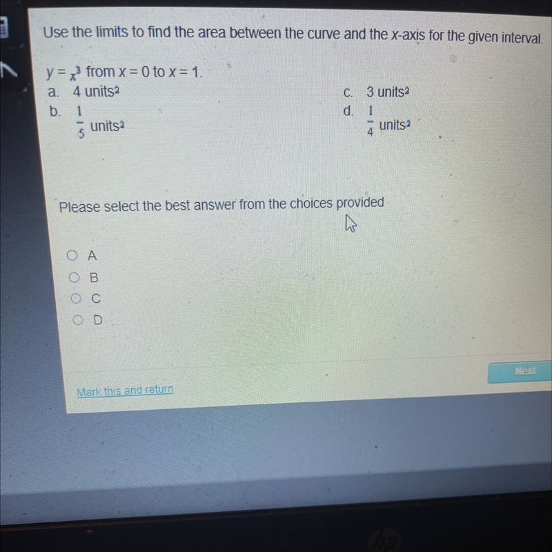 Use the limits to find the area between the curve and the X-axis for the given interval-example-1