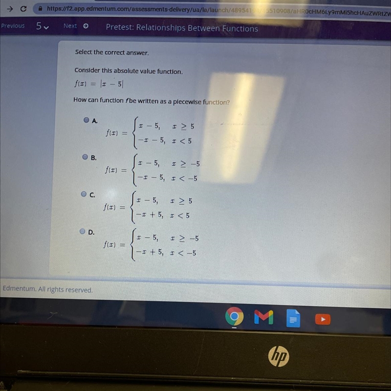 Consider this absolute value function. (I) = I - 5 How can function fbe written as-example-1