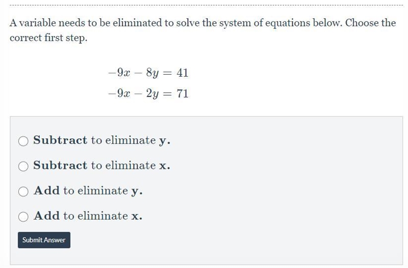 A variable needs to be eliminated to solve the system of equations below. Choose the-example-1