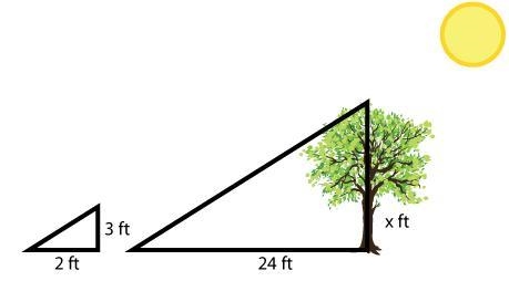 A tree casts a shadow that is 24 ft in length. A 3 foot stick casts a shadow that-example-1