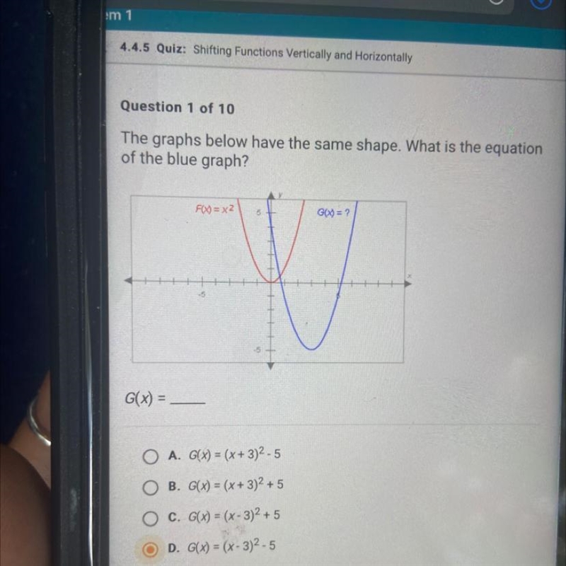 The graphs below have the same shape. What is the equation of the blue graph?-example-1