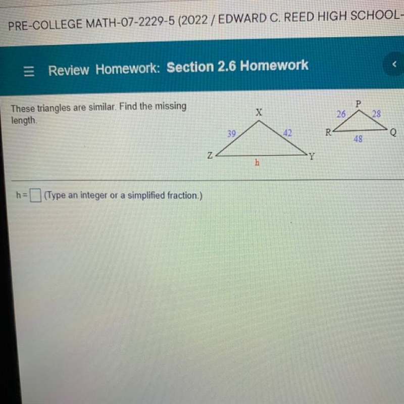 These triangles are similar. Find the missing length (Type an integer or a simplified-example-1