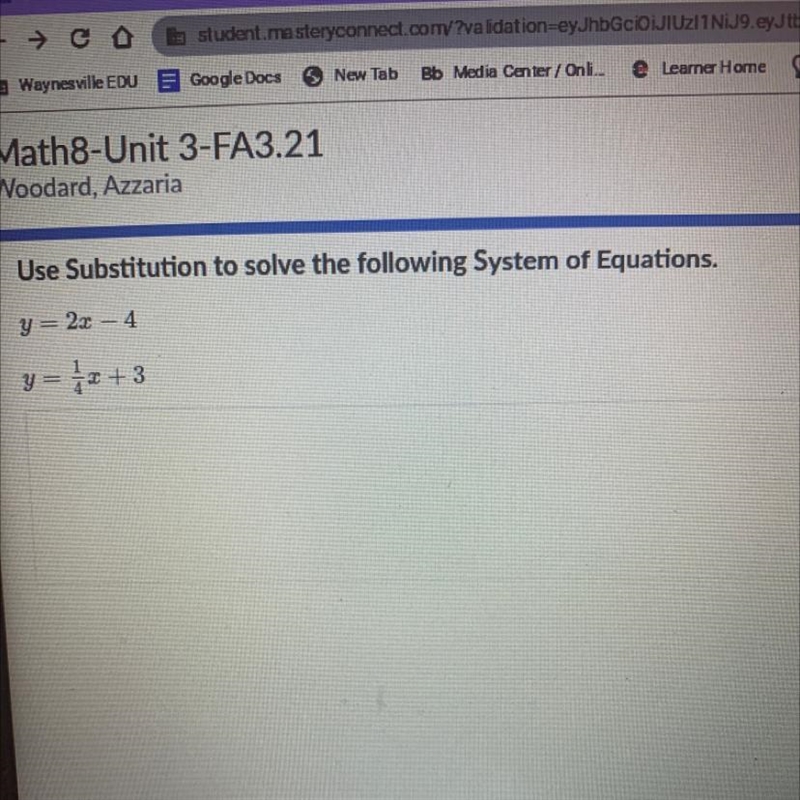 Use Substitution to solve the following System of Equations. y = 2x - 4 y= 12 +3-example-1