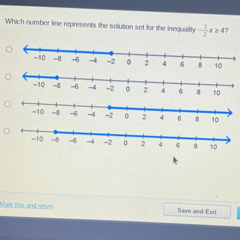 Which number line represents the solution set for the inequality - 1x24? + -10 -8 -6 -4 -2. 0 + 4 + 6 2. + 8 10 + + -10 -8 -6 -4 + 0 + 4 -2 + 8 2 co-example-1