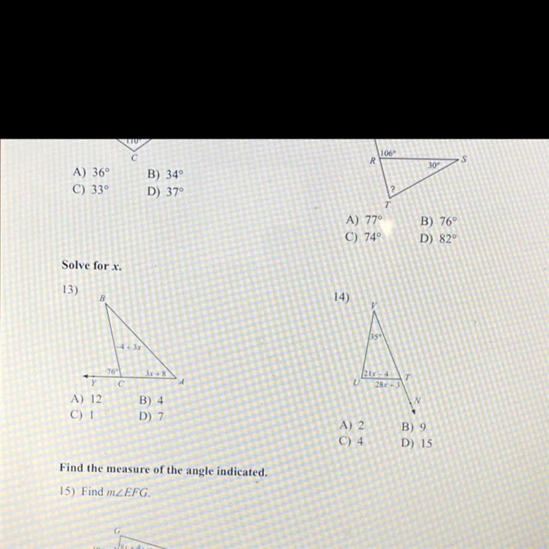 Solve for X. A) 12 C) 1 B) 4 D) 7 ---- A) 2 B) 9 C) 4 D) 15-example-1